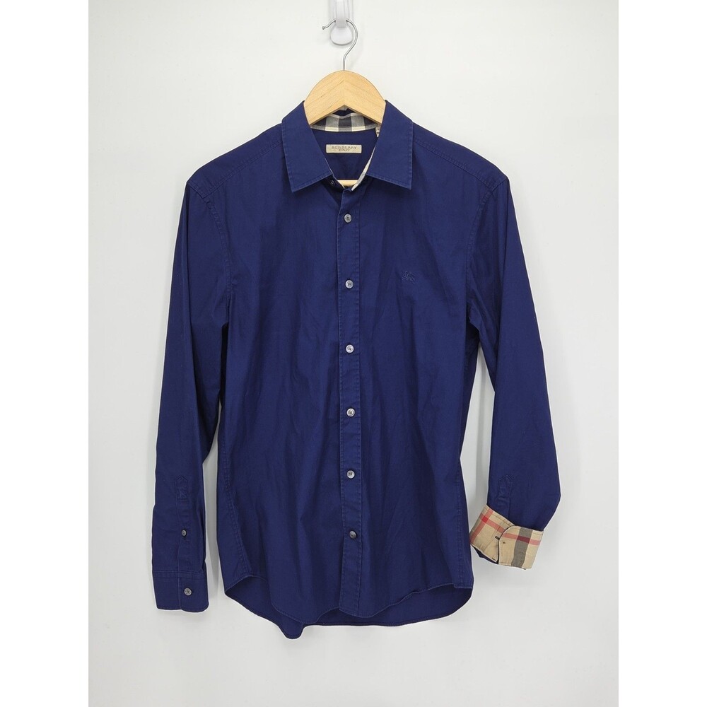 Burberry Brit Navy Long Sleeve Button Front Shirt Nova Check Flip Cuff Medium